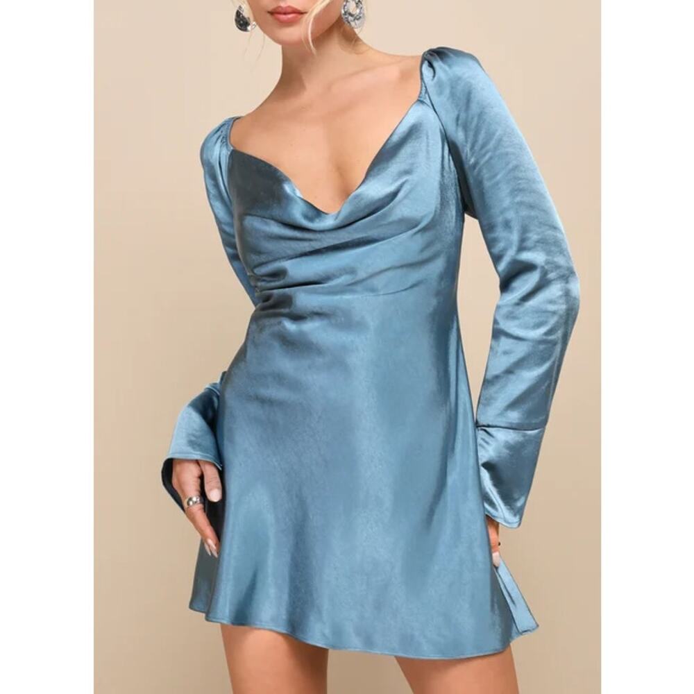LULU'S S Sensational Fate Slate Blue Cowl Neck Long Sleeve Mini Dress B42 flaw